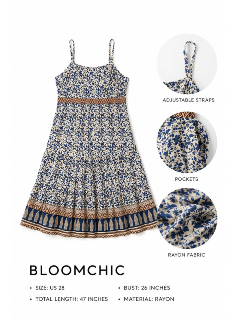BloomChic Plus Size 28 Blue Cream Floral Maxi Dress NWT 100% Rayon Pockets Adjus